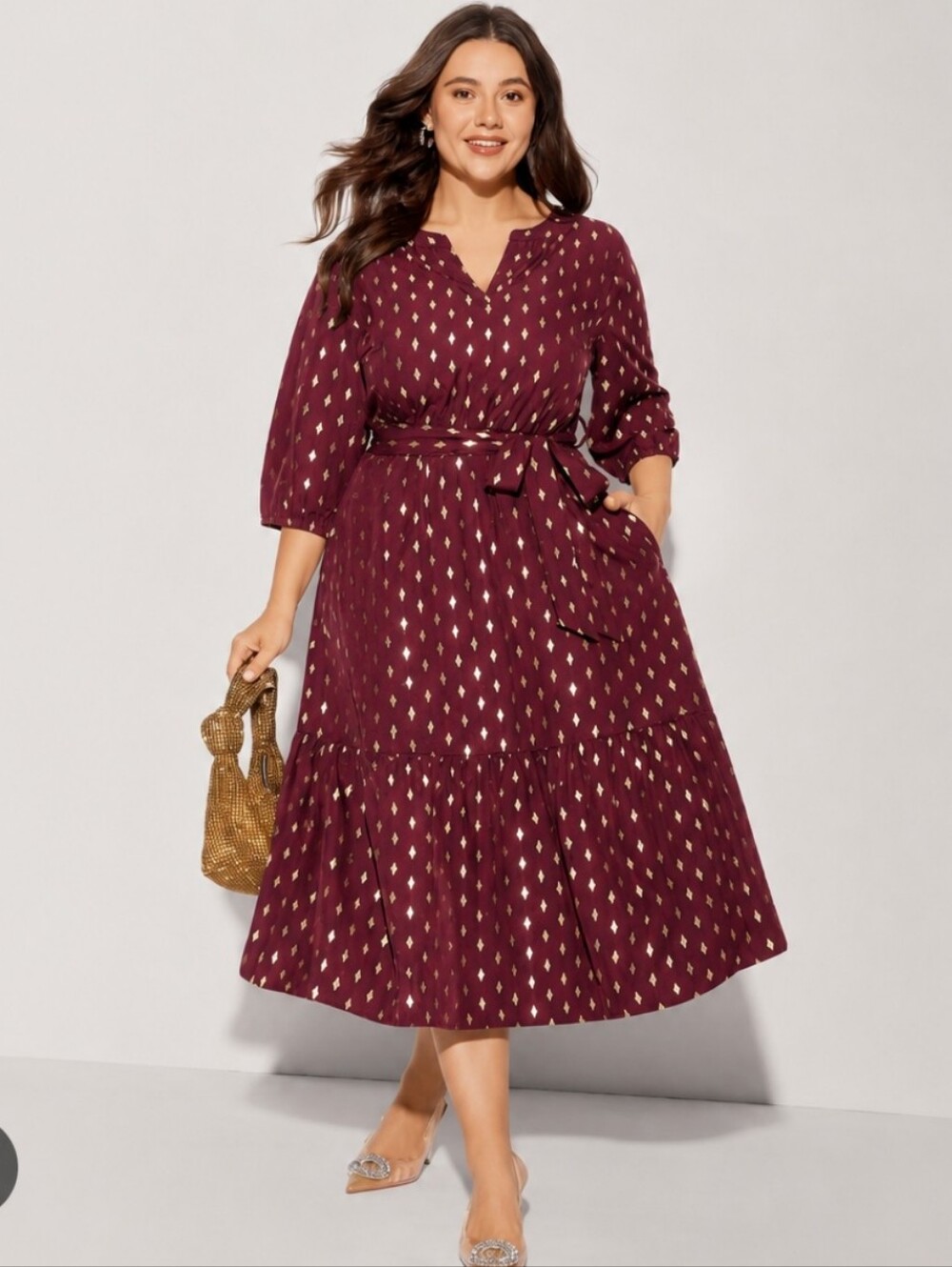 BloomChic Plum Glitter Notched Lantern Sleeve Midi Dress 14/16